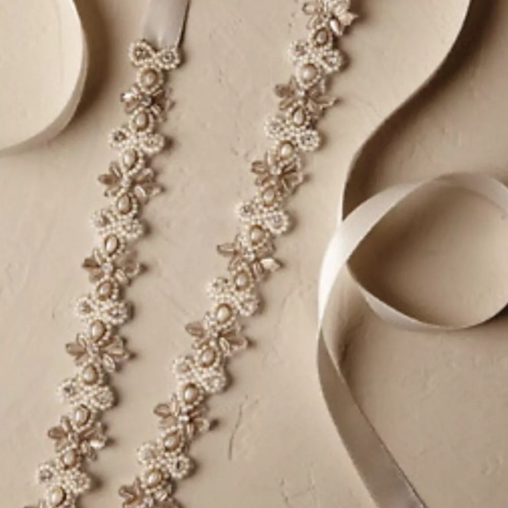 BHLDN Floral Pearl Embellished Belt - Cream and Gold